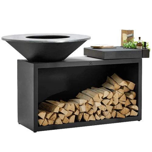 OFYR Island Black 85-100 Vuurkorf - Barbecue Met Meubel En Plank Van Donkergrijs Keramiek