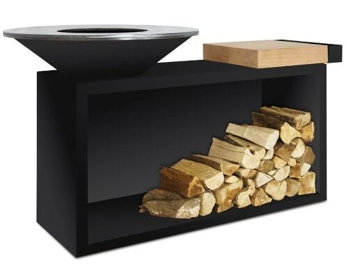 OFYR Island Black 85-100 Vuurkorf - Barbecue Met Meubel En Plank Van Teakhout